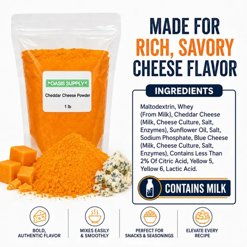 Vista 5 de Oasis Supply - Queso cheddar en polvo, condimento rico y salado para palomitas de maíz, pretzels, pasta, papas, salsas, salsas y aperitivos, 8 onzas