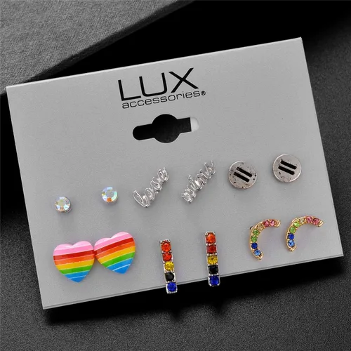 Vista 3 de Lux Accessories Juego de 6 aretes de tuerca Rainbow Equal Love Gay Pride, Diamante de imitación