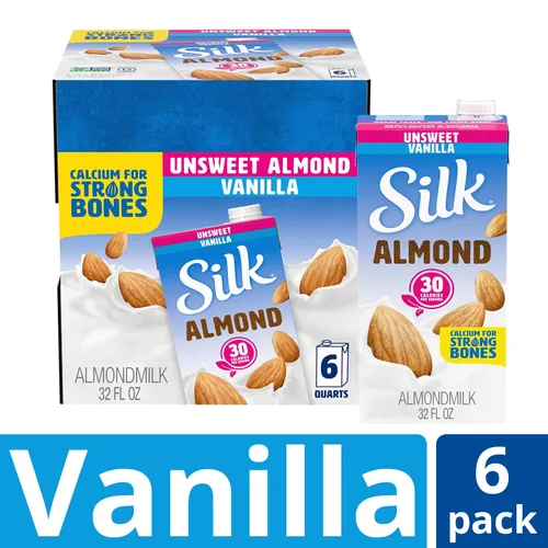 Vista 2 de Silk - Leche de almendras de larga duración, sin endulzar, sin lácteos, vegano, verificado por el Proyecto Non-GMO, 1 cuarto, paquete de 6