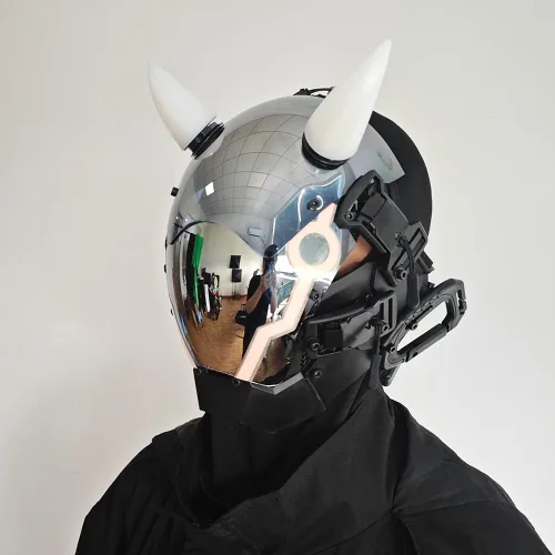 Vista 7 de KYEDAY Máscara punk para hombre, máscara de cuerno de buey LED, tecnología punk futurista, cosplay, Halloween, accesorios para fiestas y festivales