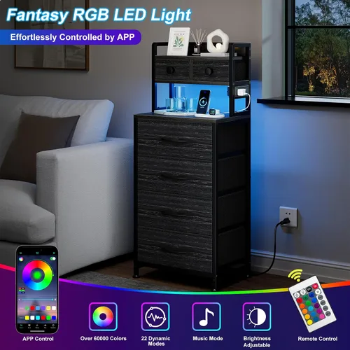 Vista 4 de REAHOME Mesita de noche de 41 pulgadas de alto con estación de carga, mesita de noche LED con 6 cajones de tela, mesa auxiliar de cama con estantes