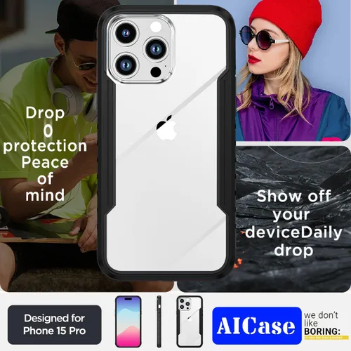 Vista 6 de AICase Funda para iPhone 15 Pro de titanio a prueba de golpes, transparente, de grado militar, probada en caídas de 20 pies, marco de aluminio