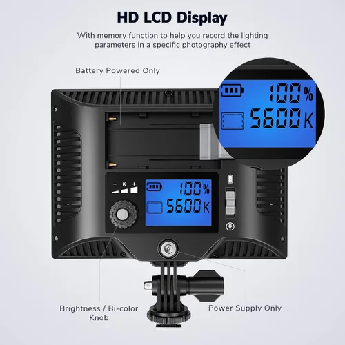 Vista 6 de Luz de cámara, panel de luz de video Dazzne D20 con adaptador de CC y batería recargable a través de USB-C directamente, luz DSLR bicolor