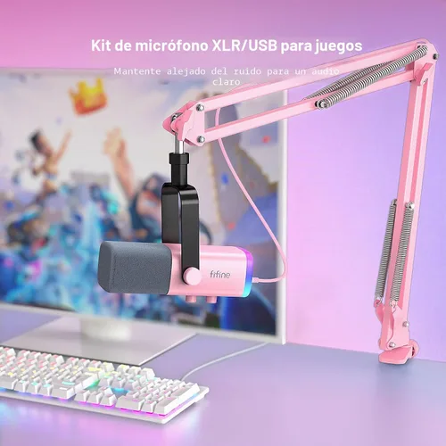 Vista 2 de FIFINE XLR Micrófono Gaming USB, Kit de Micrófono Dinámico para PC para Vocal, Grabación, Podcast, Micrófono RGB de Streaming con Conector para Rosa