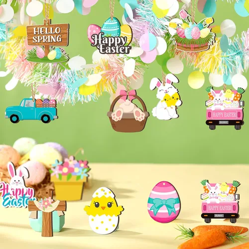 Vista 5 de Marsui 24 adornos de Pascua para árbol, feliz Pascua, adornos colgantes de madera, huevo, conejo, primavera, árbol, gnomo, pollo, rebanadas