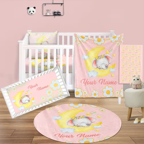 Vista 10 de Juego de ropa de cama de bebé personalizado, ropa de cama de elefante rosa para bebé, manta de bebé, sábana bajera ajustable, funda cambiadora