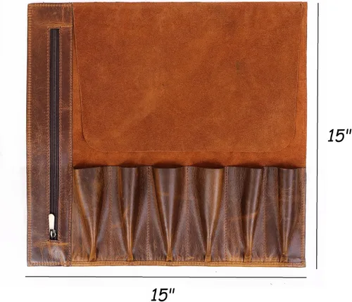 Vista 6 de Tolredo - Estuche de piel de búfalo para cuchillos de chef, 6 ranuras y 1 bolsillo con cremallera para almacenamiento culinario, bolsa portátil