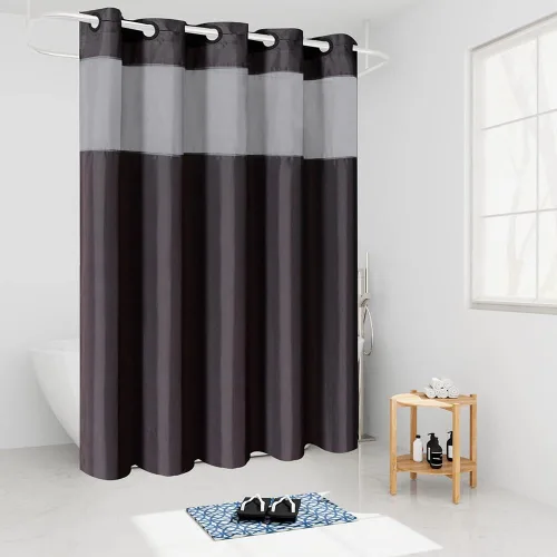 Vista 6 de Furlinic Cortina de ducha pequeña de 36 x 72 pulgadas, no necesita ganchos, cortinas de baño de tela de tamaño medio con ventana transparente, Gris