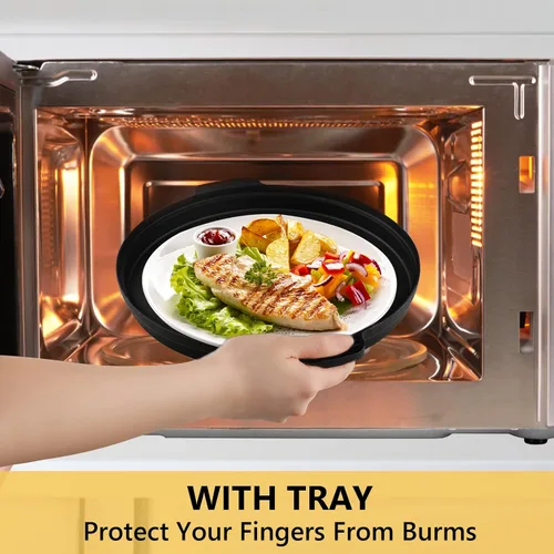 Vista 6 de Cubierta contra salpicaduras de microondas con bandeja de platos, cubierta de silicona para alimentos para microondas con mango antiquemaduras, tapa