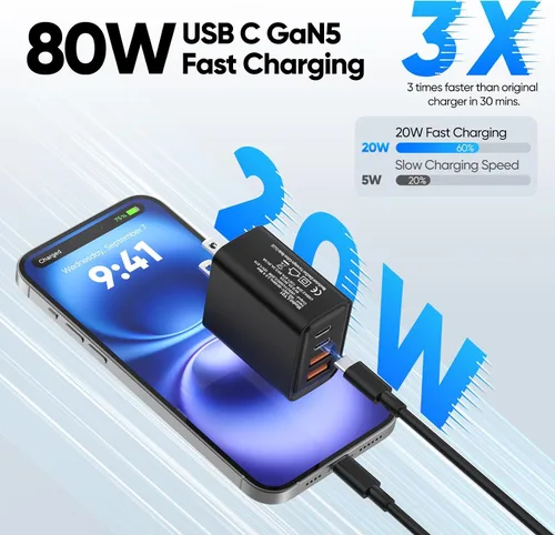 Vista 2 de Paquete de 2 cargadores de pared USB C, bloque de carga rápida de 80W y 4 puertos tipo C, enchufe de pared USBC de múltiples puertos PD20W y QC20W