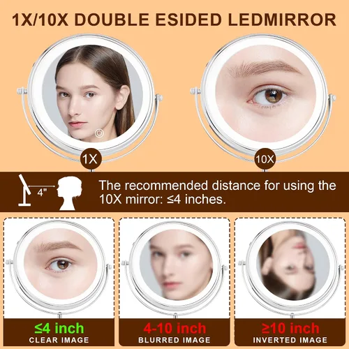 Vista 3 de JANEEVA Espejo de maquillaje iluminado 10X con 3 modos de iluminación, luces regulables de 8 pulgadas, espejo de tocador ajustable en altura