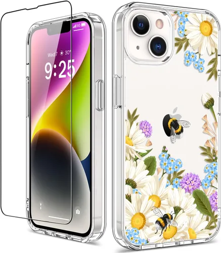 Vista 25 de Funda para iPhone 14 Pro con protector de pantalla, 6.1 pulgadas, transparente de cuerpo completo, a prueba de golpes, diseño floral, para niñas