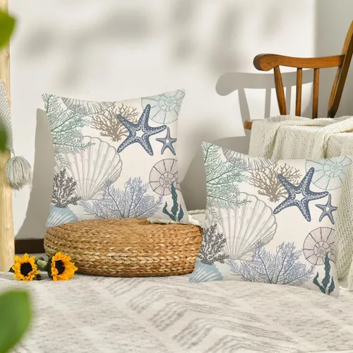 Vista 3 de Fukeen Juego de 2 fundas de almohada de playa de verano de 16 x 16 pulgadas, conchas de mar, conchas de coral y estrellas de mar y estrellas de mar