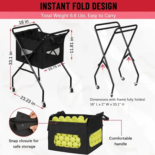 Vista 5 de Cesta plegable de pickleball para pelotas de tenis con ruedas, bolsa extraíble, carrito portátil con capacidad para 170 pelotas de tenis o 140