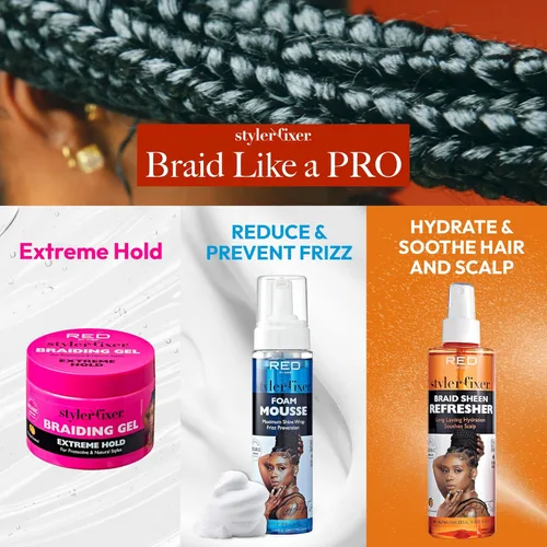 Vista 5 de Red by Kiss Gel para Trenzas de Fijación Extrema Styler Fixer para Trenzas de Caja y Cornrows, Hidratante, Acondicionador, Control de Encrespamiento