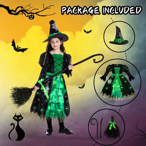 Vista 3 de Witch Halloween Costumes for Girls Toddler Light Up Witch Dress with Witch Broom and Hat for Halloween Kids Cosplay Party