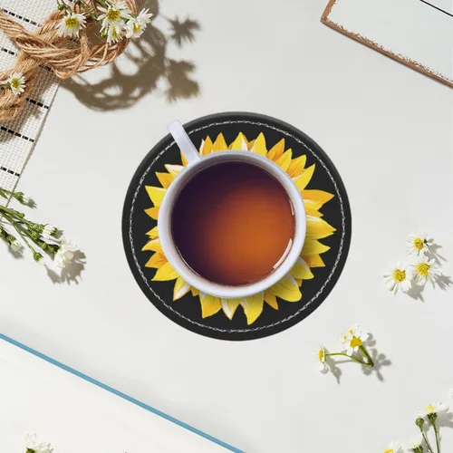 Vista 7 de Posavasos para bebidas de piel sintética, juego de 6 con soporte, regalo de inauguración de la casa, decoración del hogar, girasol de acuarela negro