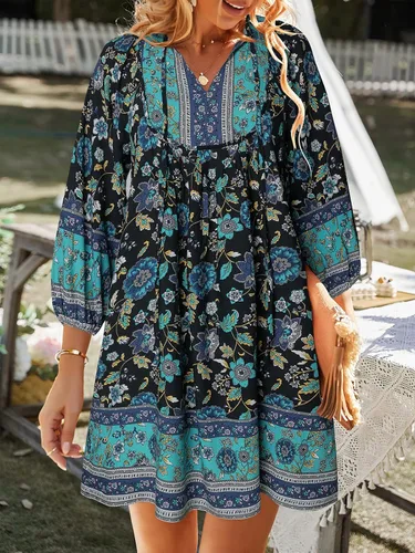 Vista 4 de TEMOFON Mini vestido bohemio para mujer verano floral 34 manga larga cuello en V fluido suelto casual vestidos de playa