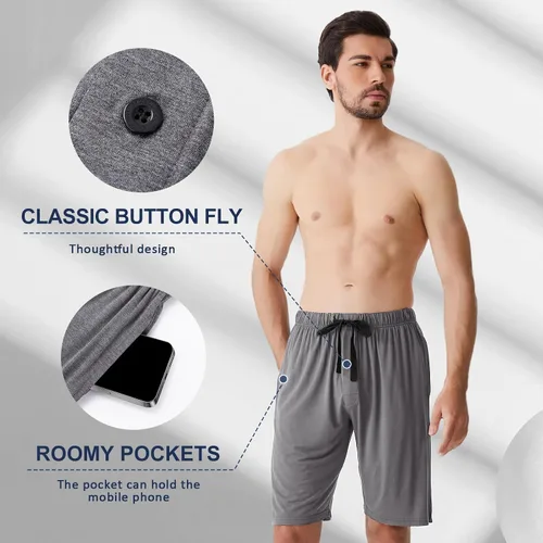 Vista 3 de BAMBOO COOL Pantalones cortos de pijama para hombre, suaves, cómodos, transpirables, con bolsillos, paquete de 2