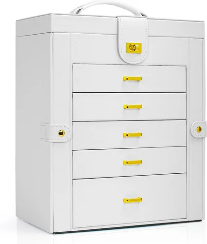 Vista 8 de AKOZLIN Joyero grande organizador funcional con cerradura con espejo grande, estuche de almacenamiento de joyas de cuero para mujeres y niñas