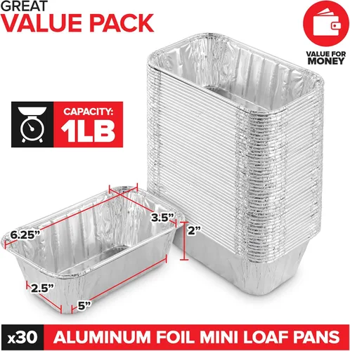 Vista 2 de Stock Your Home Mini moldes para pan de papel de aluminio de 1 libra (paquete de 30 unidades) desechables para pan, forros para hornear de 1 libra