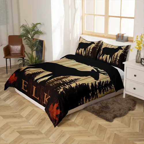 Vista 3 de Funda de edredón de ciervos de alce, juego de ropa de cama de animales del bosque, decoración rústica de granja, funda de edredón individual
