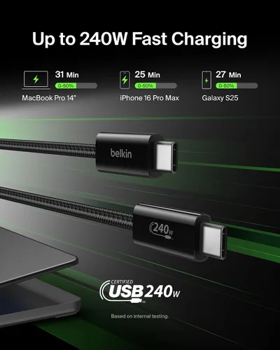 Vista 2 de Belkin Cable trenzado USB C a USB C de 240 W, cable de carga rápida para Negro