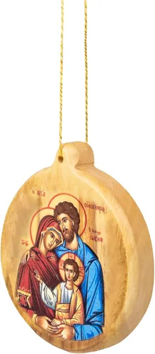Vista 3 de Adornos de Navidad católicos – Sagrada Familia Bizantina Icono Redondo Adornos de Madera de Olivo de Tierra Santa – Pequeños adornos de Navidad
