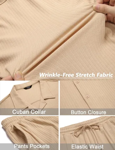 Vista 5 de COOFANDY Conjunto de 2 piezas para hombre, de manga corta, casual, con botones, camisa de verano y playa