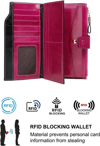 Vista 26 de Cartera plegable de cuero de gran capacidad con bloqueo RFID para mujer