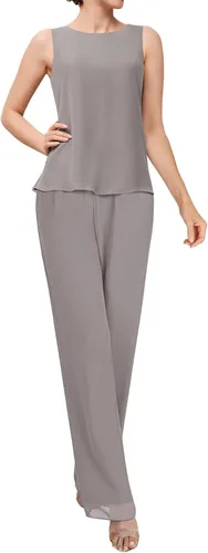 Vista 3 de Trajes de pantalón de gasa para madre de la novia, vestidos formales de noche para boda, manga larga, trajes de madre de 3 piezas
