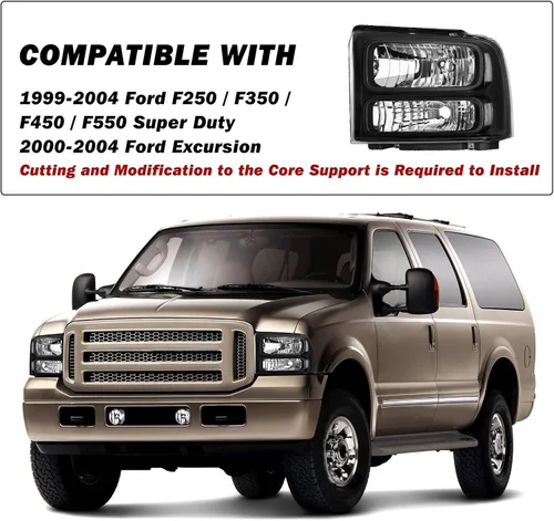 Vista 7 de SOCKIR - Juego de faros compatible con Ford F250 F350 F450 F550 Super Duty 1999-2004 / Ford Excursion 2000-2004, carcasa negra, reflector
