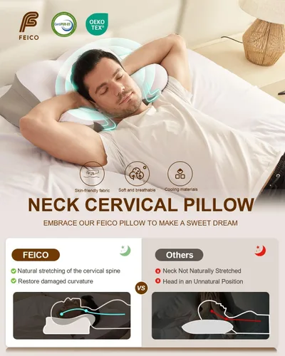 Vista 3 de Almohada cervical para el cuello, almohada de espuma viscoelástica para aliviar el dolor de cuello, almohada ergonómica de enfriamiento de contorno