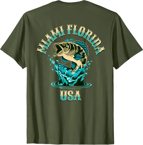 Vista 9 de Camiseta con diseño de pesca en la parte delantera y trasera de Miami Florida USA, Negro