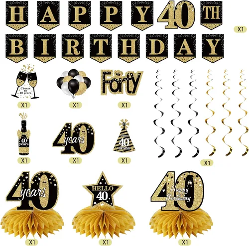 Vista 3 de Cartel decorativo de cumpleaños número 40 para hombres y mujeres, 10 piezas de pancarta de feliz cumpleaños 40, kit de espirales de nido de abeja
