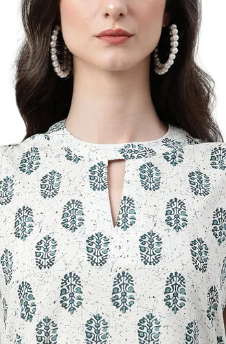 Vista 7 de Janasya Kurta de algodón blanco con estampado floral para mujer india con pantalón y dupatta
