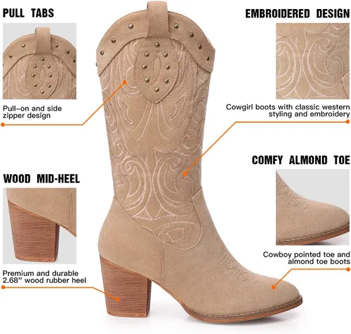 Vista 4 de SHIBEVER Botas vaqueras vaqueras para mujer bota de media pantorrilla con punta occidental con tacón grueso bordado de gamuza