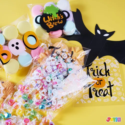 Vista 8 de JOYIN 150 bolsas de celofán de Halloween, autoadhesivas, transparentes para galletas y dulces, para niños, para dulce o truco, pequeña bolsa