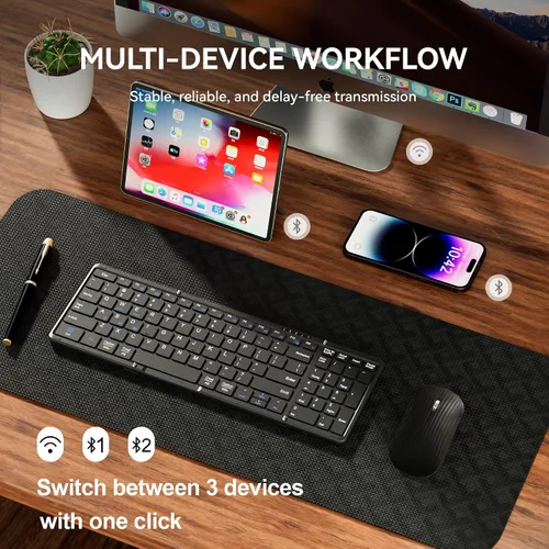 Vista 6 de Teclado y mouse plegables, combo de teclado Bluetooth inalámbrico plegable recargable USB-C, teclado y mouse de viaje portátil de tamaño completo