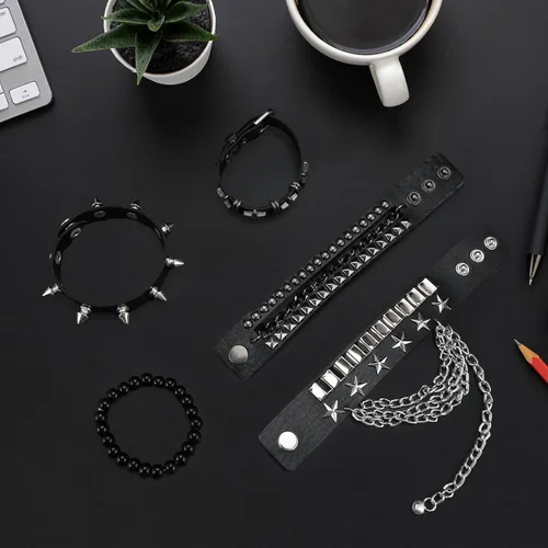 Vista 7 de ZLFSRQ Pulseras Emo Punk Rock Studded Pulsera para Mujeres Hombres Gótica Cuero Spiked Pulseras Emo Accesorios de Joyería
