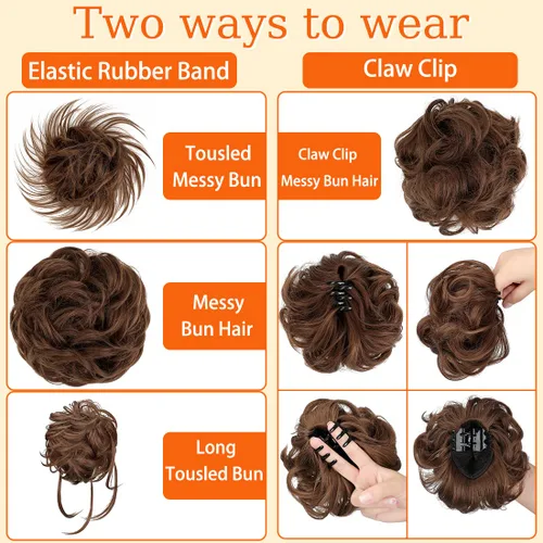 Vista 3 de 4 piezas de cabello desordenado con moño despeinado para mujer, extensión de cabello con banda de goma elástica, accesorios para el cabello