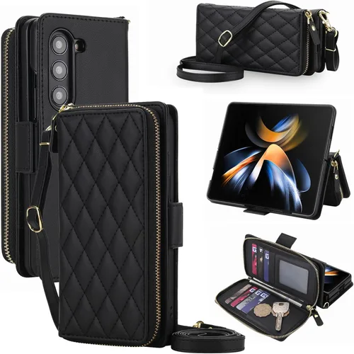 Vista 14 de Compatible con Samsung Galaxy Z Fold 3 5G 2021 - Funda tipo cartera con cremallera y bloqueo RFID, correa para tarjetero, ranuras para tarjetas Rojo