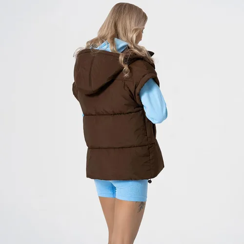 Vista 56 de Shiyifa Chaleco acolchado para mujer, chaqueta de gran tamaño, sin mangas, ligera, con cremallera, con capucha desmontable