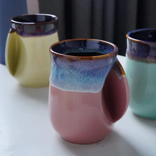 Vista 10 de Selamica - Taza de porcelana de 18 onzas con calentador de manos para diestros, taza de café, taza de té para familiares y pareja - Azul