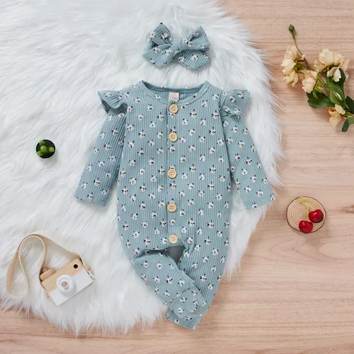 Vista 2 de Ropa para bebé recién nacida, mameluco con volantes, manga larga, floral, traje de otoño con diadema