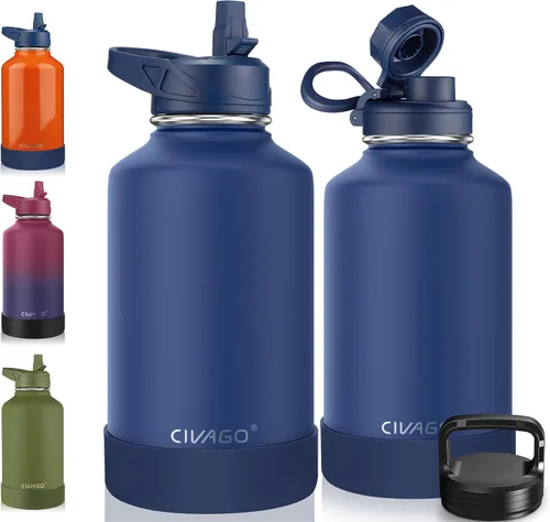 Vista 33 de CIVAGO Botella de agua aislada de 22 onzas con pajita, frasco de agua deportiva de acero inoxidable con 3 tapas