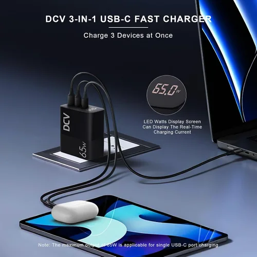 Vista 3 de DCV Cargador USB C de 65 W con cable C a C de 6.6 pies, bloque de carga rápida de 3 puertos con pantalla digital LED, cargador de pared plegable