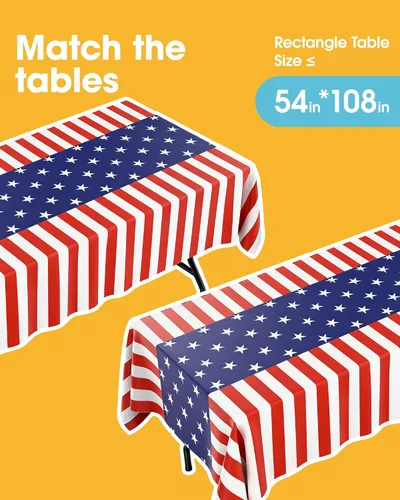 Vista 5 de Mantel de bandera estadounidense, paquete de 4 manteles patrióticos desechables de 54 x 108 pulgadas para mesas de 6 pies, decoraciones del 4