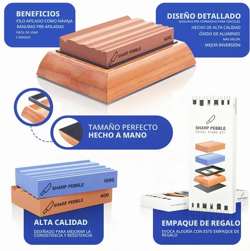 Vista 2 de Piedras de afilar Sharp Pebble para herramientas de tallado de madera - Dos piedras de afilar de grano 400 y 1000 para gubias - Sistema de afilado