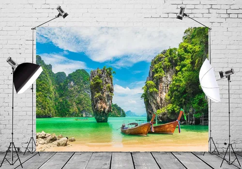 Vista 2 de Telón de fondo de tela de 5 x 3 pies de la isla de Phuket, Tailandia, barco, verano, playa, fotografía, fondo para adultos, retratos, boda, viajes